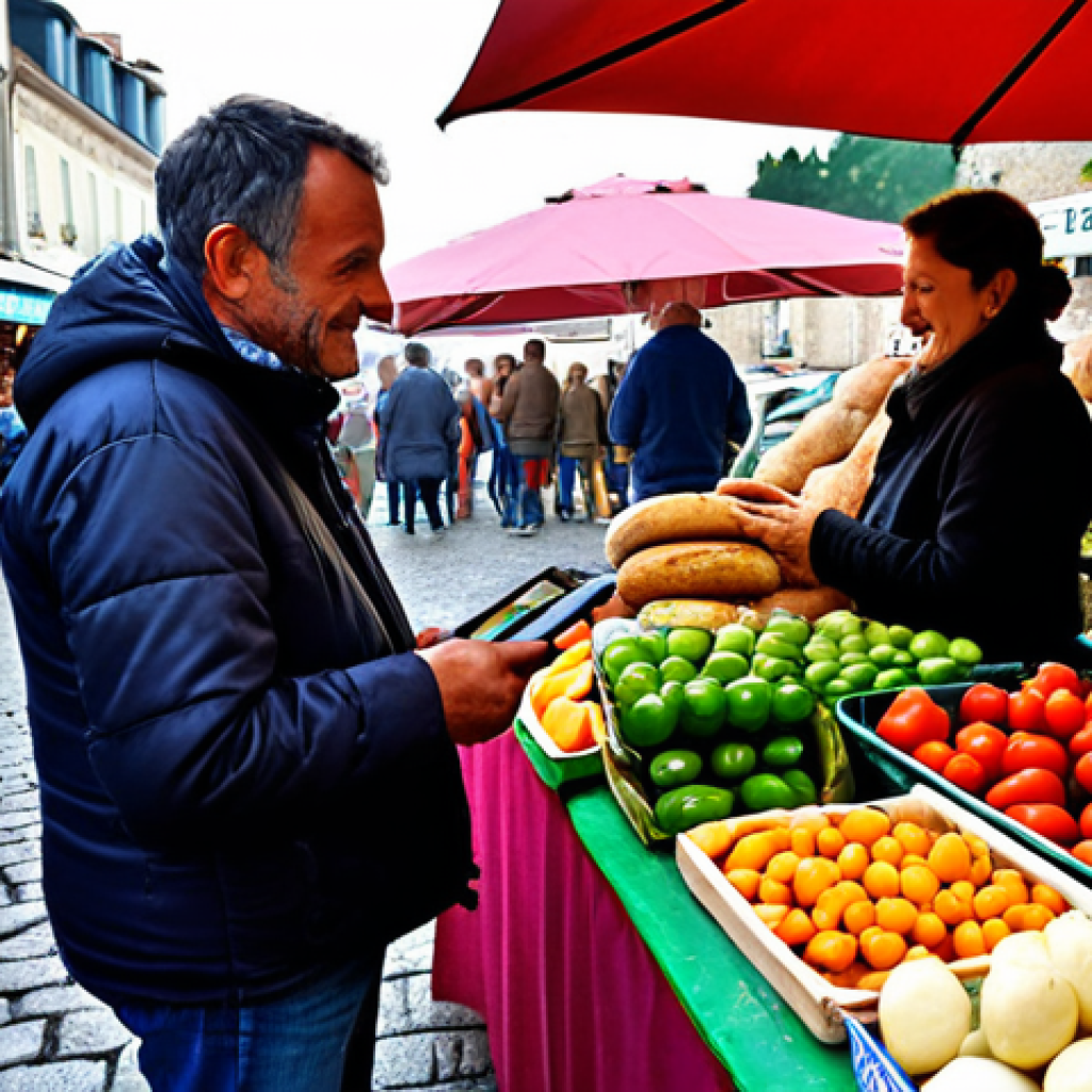 **

A vibrant market scene in France, overflowing with colorful, locally-sourced, seasonal produce. Farmers are interacting with customers, with emphasis on fresh vegetables, fruits, cheeses, and artisan bread. Subtle integration of technology: perhaps a vendor using a tablet for transactions, but the focus remains on traditional food and community. *Keywords: French market, local food, seasonal produce, traditional, technology integration, community.*

**