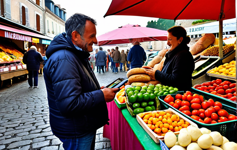 **
A vibrant market scene in France, overflowing with colorful, locally-sourced, seasonal produce. Farmers are interacting with customers, with emphasis on fresh vegetables, fruits, cheeses, and artisan bread. Subtle integration of technology: perhaps a vendor using a tablet for transactions, but the focus remains on traditional food and community. *Keywords: French market, local food, seasonal produce, traditional, technology integration, community.*
**