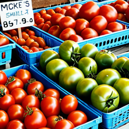 Home 15 **A vibrant farmer's market scene:** Focus on contrasting displays of tomatoes. One side shows perfectly round, uniformly sized tomatoes. The other features smaller, slightly misshapen tomatoes with an "intense aroma" emanating from them. The overall feel should emphasize the difference in appearance and perceived quality between conventionally grown and organically grown produce. Include shoppers browsing and a vendor with a warm, engaging smile.