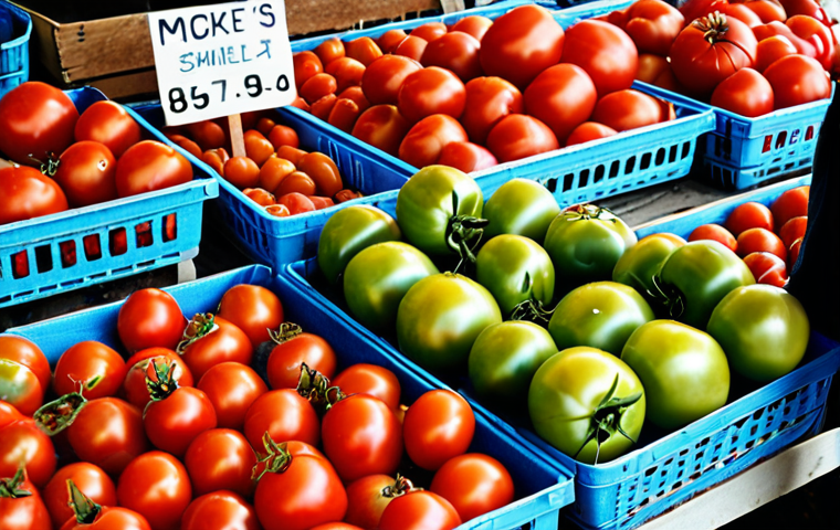 **A vibrant farmer's market scene:** Focus on contrasting displays of tomatoes. One side shows perfectly round, uniformly sized tomatoes. The other features smaller, slightly misshapen tomatoes with an "intense aroma" emanating from them. The overall feel should emphasize the difference in appearance and perceived quality between conventionally grown and organically grown produce. Include shoppers browsing and a vendor with a warm, engaging smile.