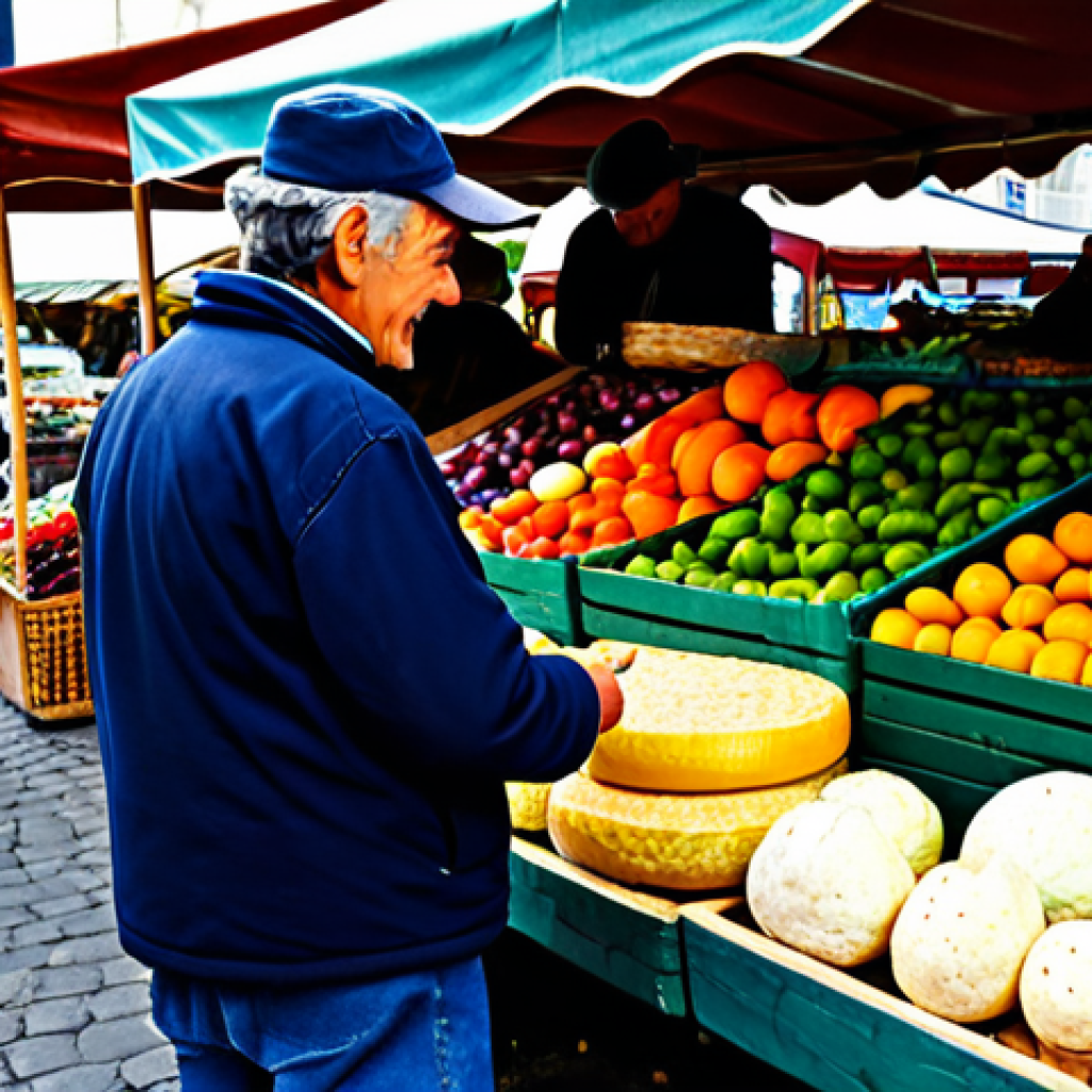 A vibrant scene at a traditional French farmers' market (marché des producteurs). A person in modest, comfortable clothing is engaged in a friendly conversation with a local artisan farmer, who is fully clothed in appropriate, professional attire. The market stall is abundantly filled with freshly harvested, colorful seasonal vegetables, ripe fruits, and traditional artisanal French cheeses. The atmosphere is lively and authentic, showcasing the direct connection between producer and consumer. The image features soft, natural daylight, professional photography quality, and rich, inviting textures. Perfect anatomy, correct proportions, natural pose, well-formed hands, proper finger count. Safe for work, appropriate content, fully clothed, family-friendly.