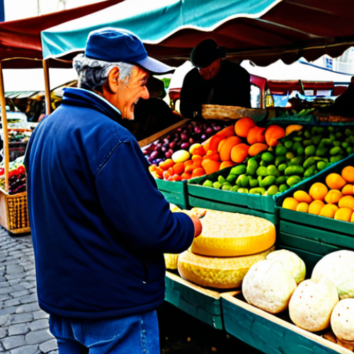 Home 14 A vibrant scene at a traditional French farmers' market (marché des producteurs). A person in modest, comfortable clothing is engaged in a friendly conversation with a local artisan farmer, who is fully clothed in appropriate, professional attire. The market stall is abundantly filled with freshly harvested, colorful seasonal vegetables, ripe fruits, and traditional artisanal French cheeses. The atmosphere is lively and authentic, showcasing the direct connection between producer and consumer. The image features soft, natural daylight, professional photography quality, and rich, inviting textures. Perfect anatomy, correct proportions, natural pose, well-formed hands, proper finger count. Safe for work, appropriate content, fully clothed, family-friendly.