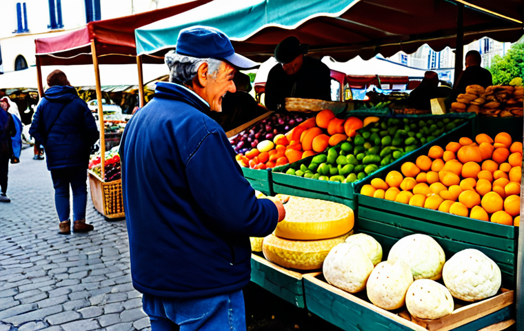 A vibrant scene at a traditional French farmers' market (marché des producteurs). A person in modest, comfortable clothing is engaged in a friendly conversation with a local artisan farmer, who is fully clothed in appropriate, professional attire. The market stall is abundantly filled with freshly harvested, colorful seasonal vegetables, ripe fruits, and traditional artisanal French cheeses. The atmosphere is lively and authentic, showcasing the direct connection between producer and consumer. The image features soft, natural daylight, professional photography quality, and rich, inviting textures. Perfect anatomy, correct proportions, natural pose, well-formed hands, proper finger count. Safe for work, appropriate content, fully clothed, family-friendly.
