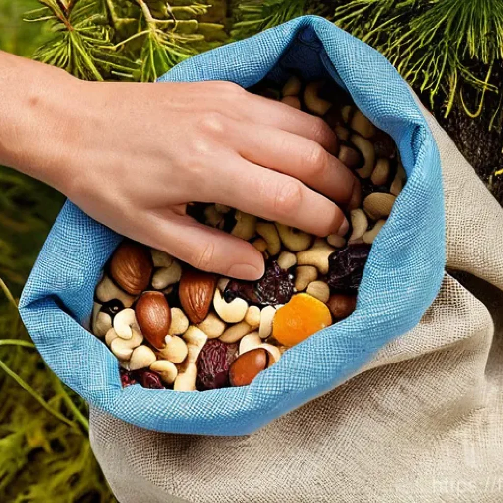 캠핑용 건강 간식 - **Vibrant Trail Mix in a Mountain Setting:** A close-up, high-angle shot of a hiker's hand reaching ...