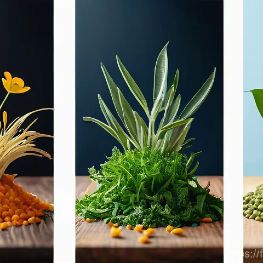 식물성 단백질이 풍부한 식자재 - Here are three detailed image prompts in English, designed to meet your guidelines and based on the ...