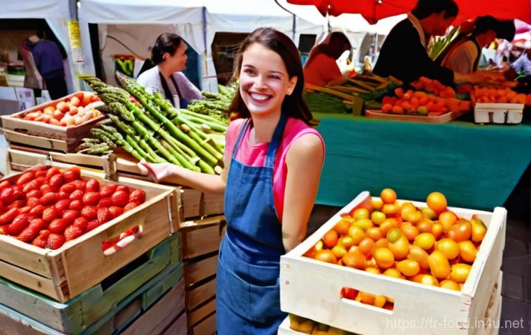 조리법에 맞는 식자재 선택 팁 - **Prompt:** A vibrant, sun-drenched scene at a bustling traditional outdoor *marché* (market) in Fra...