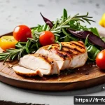 고단백 식자재 추천 - A vibrant and appetizing grilled chicken breast fillet on a rustic wooden plate, garnished with fres...