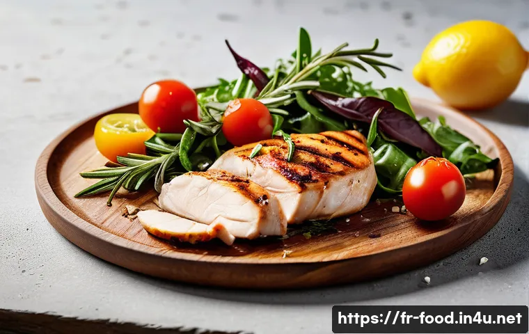 고단백 식자재 추천 - A vibrant and appetizing grilled chicken breast fillet on a rustic wooden plate, garnished with fres...