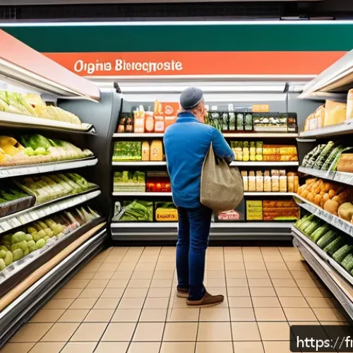 식자재 원산지 정보 확인 - A detailed, realistic supermarket aisle in a French grocery store focused on organic and local produ...