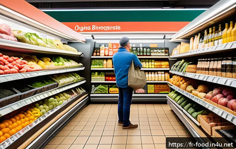 식자재 원산지 정보 확인 - A detailed, realistic supermarket aisle in a French grocery store focused on organic and local produ...