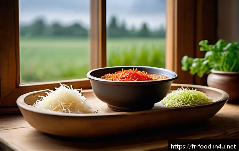 프로바이오틱스 함유 식자재 - A vibrant kitchen scene showcasing a rustic wooden table filled with a variety of colorful fermented...