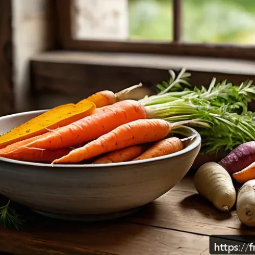 비타민 A가 풍부한 식자재 - A vibrant still life composition featuring an assortment of colorful root vegetables such as bright ...