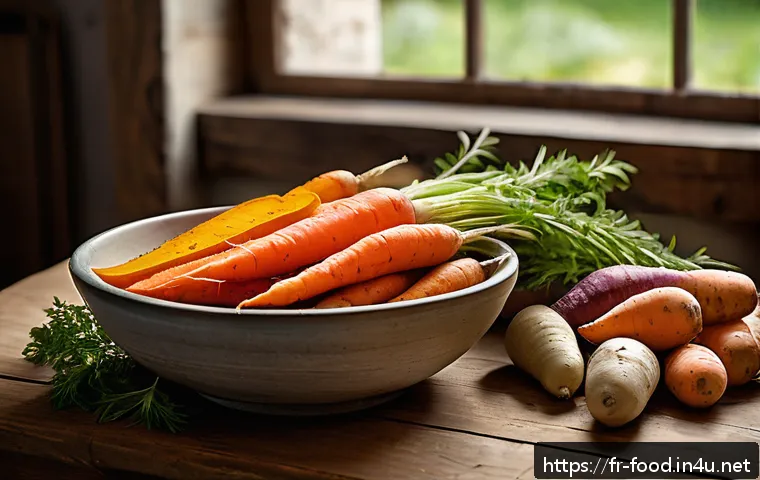 비타민 A가 풍부한 식자재 - A vibrant still life composition featuring an assortment of colorful root vegetables such as bright ...