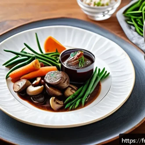 건강한 외식 메뉴 추천 - A beautifully plated modern French bistro dish featuring a vegan &ldquo;boeuf bourguignon&rdquo; made with saut&eacute;...