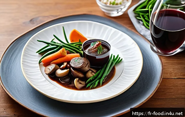 건강한 외식 메뉴 추천 - A beautifully plated modern French bistro dish featuring a vegan “boeuf bourguignon” made with sauté...