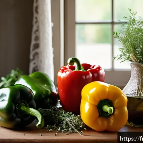 비타민C가 풍부한 식자재 - A vibrant, close-up still life of fresh red, yellow, and green bell peppers arranged on a rustic woo...