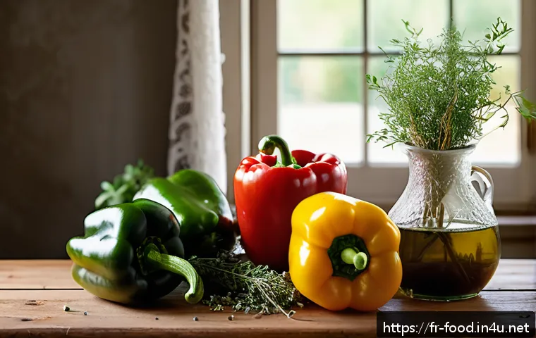 비타민C가 풍부한 식자재 - A vibrant, close-up still life of fresh red, yellow, and green bell peppers arranged on a rustic woo...