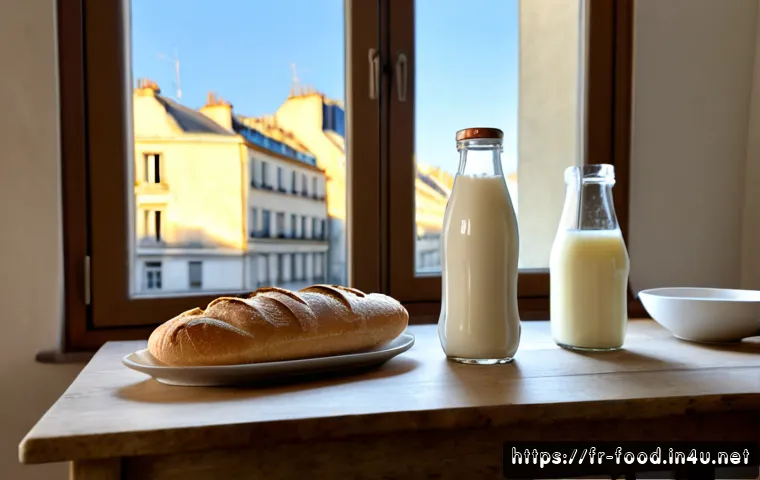 식물성 우유 vs 동물성 우유 차이 - Photorealistic French breakfast table comparison, a clear glass bottle of fresh dairy milk beside an...