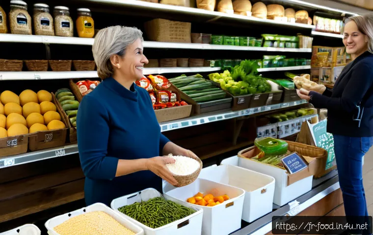 글루텐 프리 식자재 - Photorealistic French gluten-free grocery shopping scene, a cheerful middle-aged woman comparing nat...
